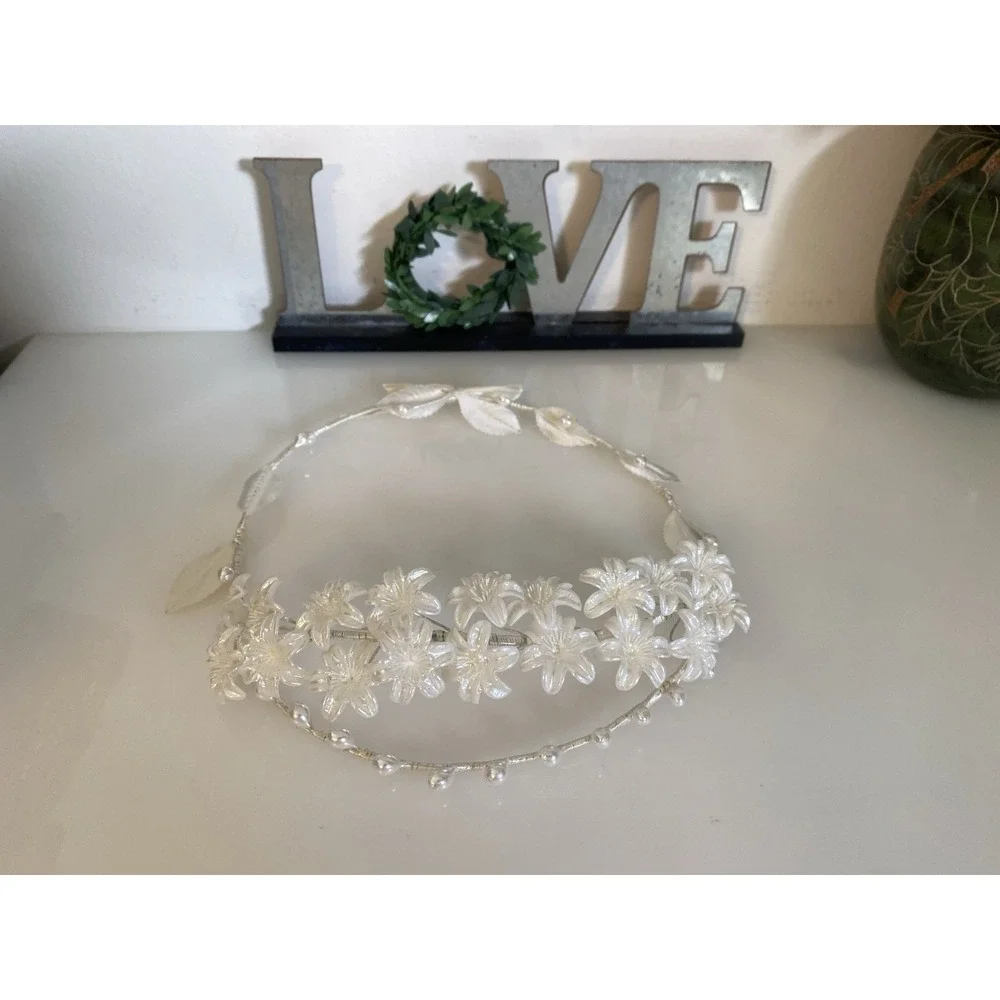 Vintage‎ Floral Beaded Pearl Embellished Wedding Crown Headband Pearlescent EUC